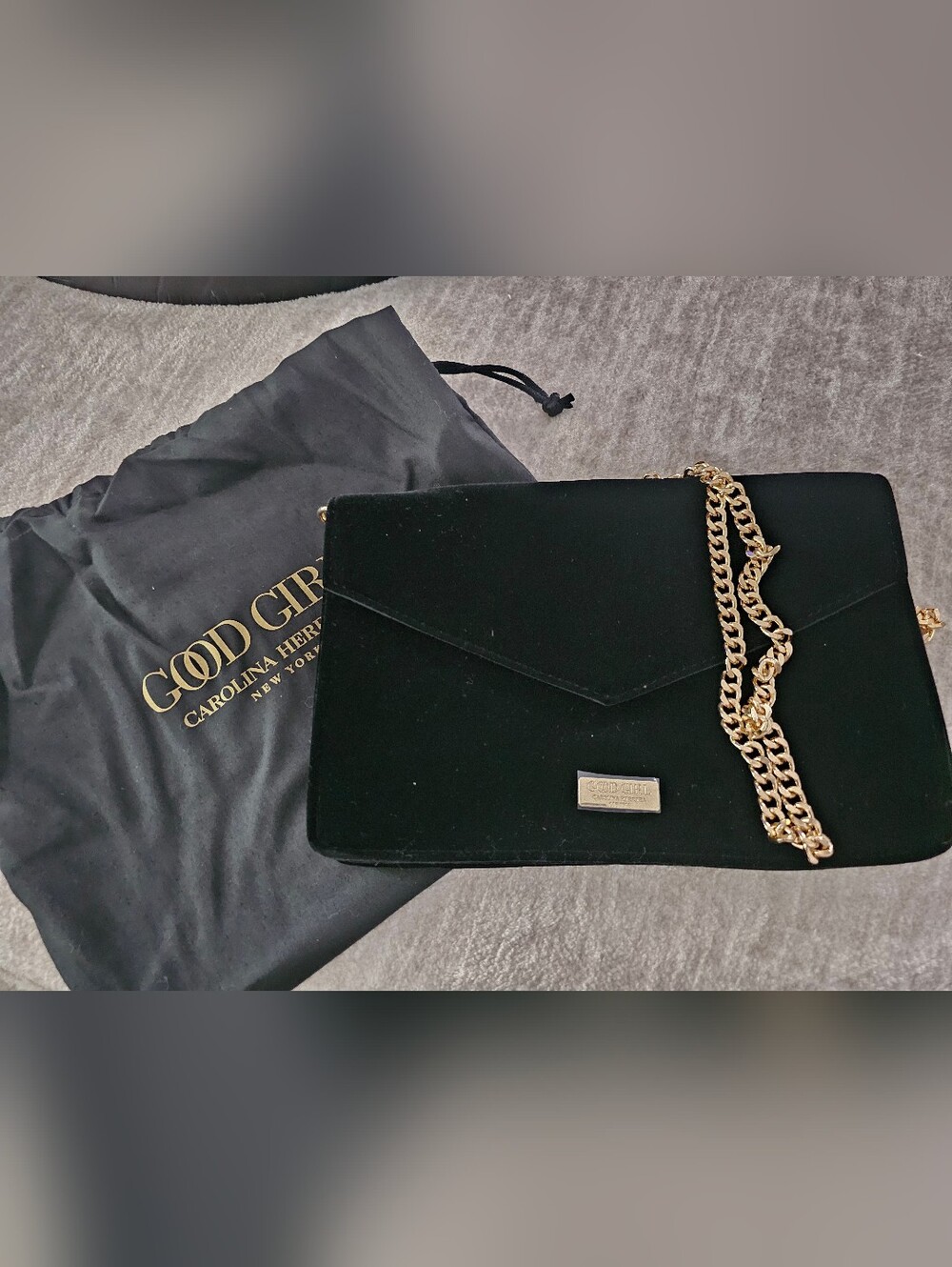 Carolina Herrera Black Velvet Crossbody with Gold Chain